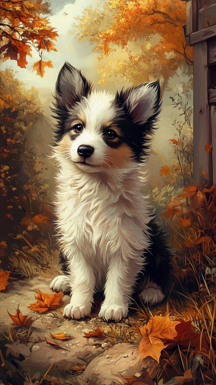 A young dog in a dreamlike autumn fantasy world