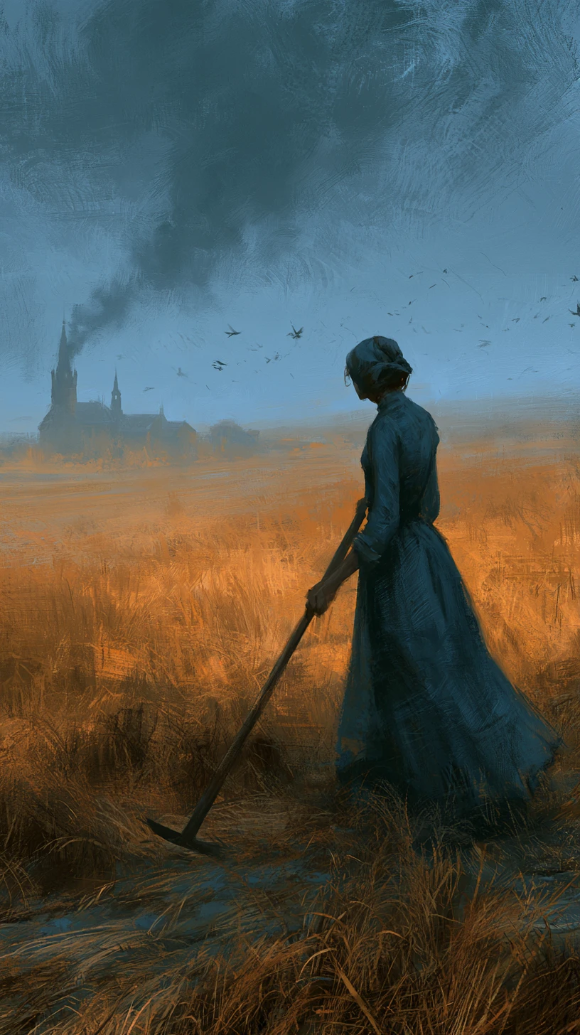 A peasant woman pauses in a harvested field at dusk