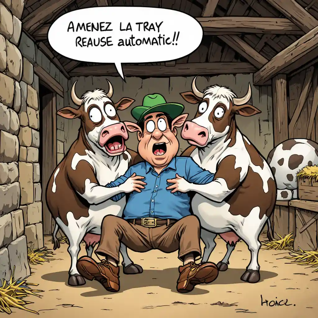 Panicked Man Held Down by Cows Inside a Rustic Barn