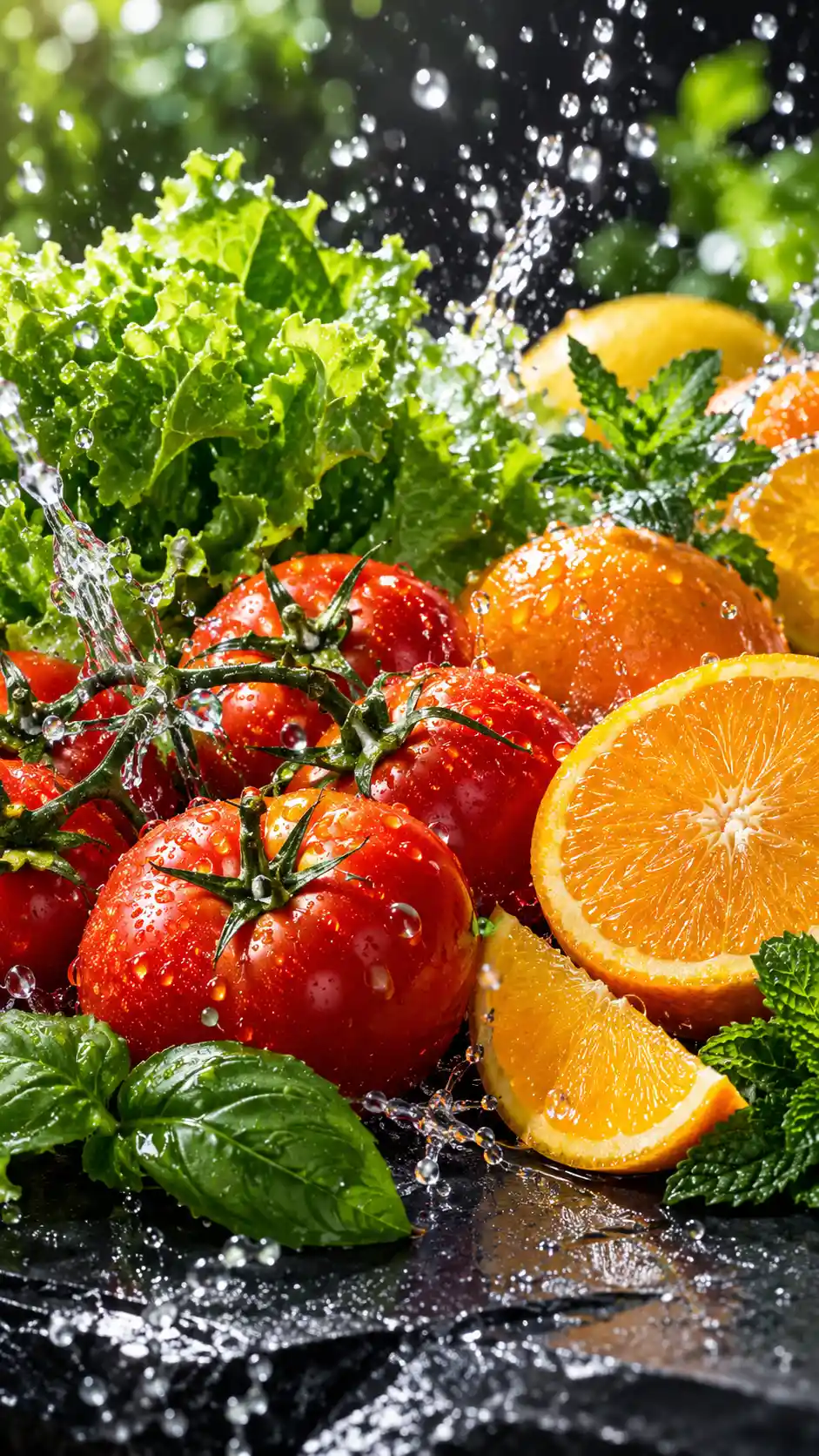 Fresh produce glimmers with water droplets across a dark slate surface