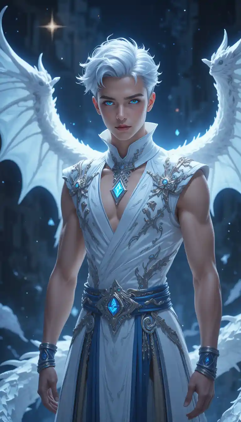 A young dragon hybrid man with white wings and silver hair