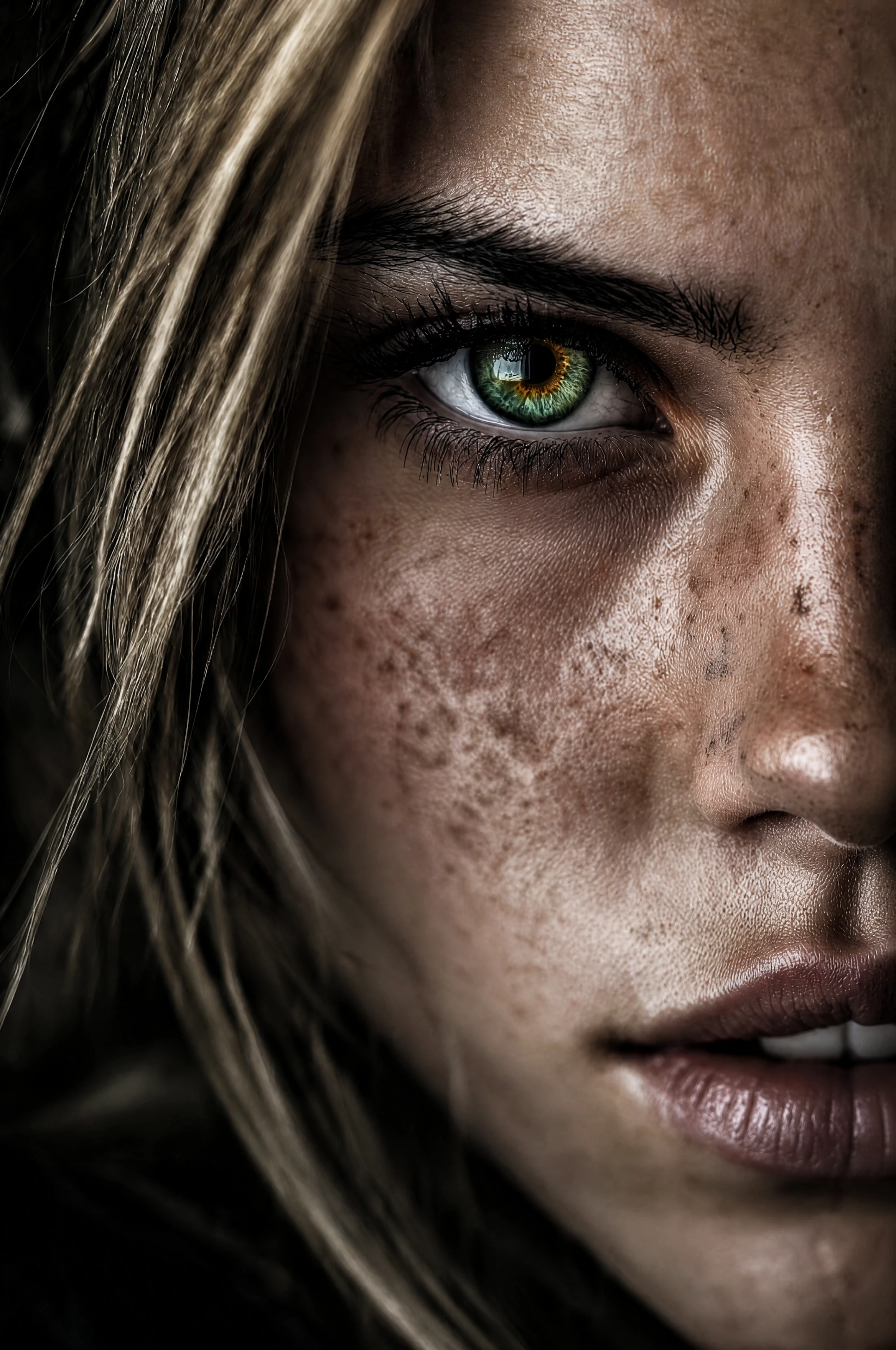 Close-up portrait of a young woman with striking eyes