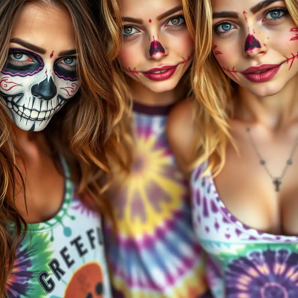 Jóvenes con ropa tie-dye en retratos en primer plano del Día de Muertos