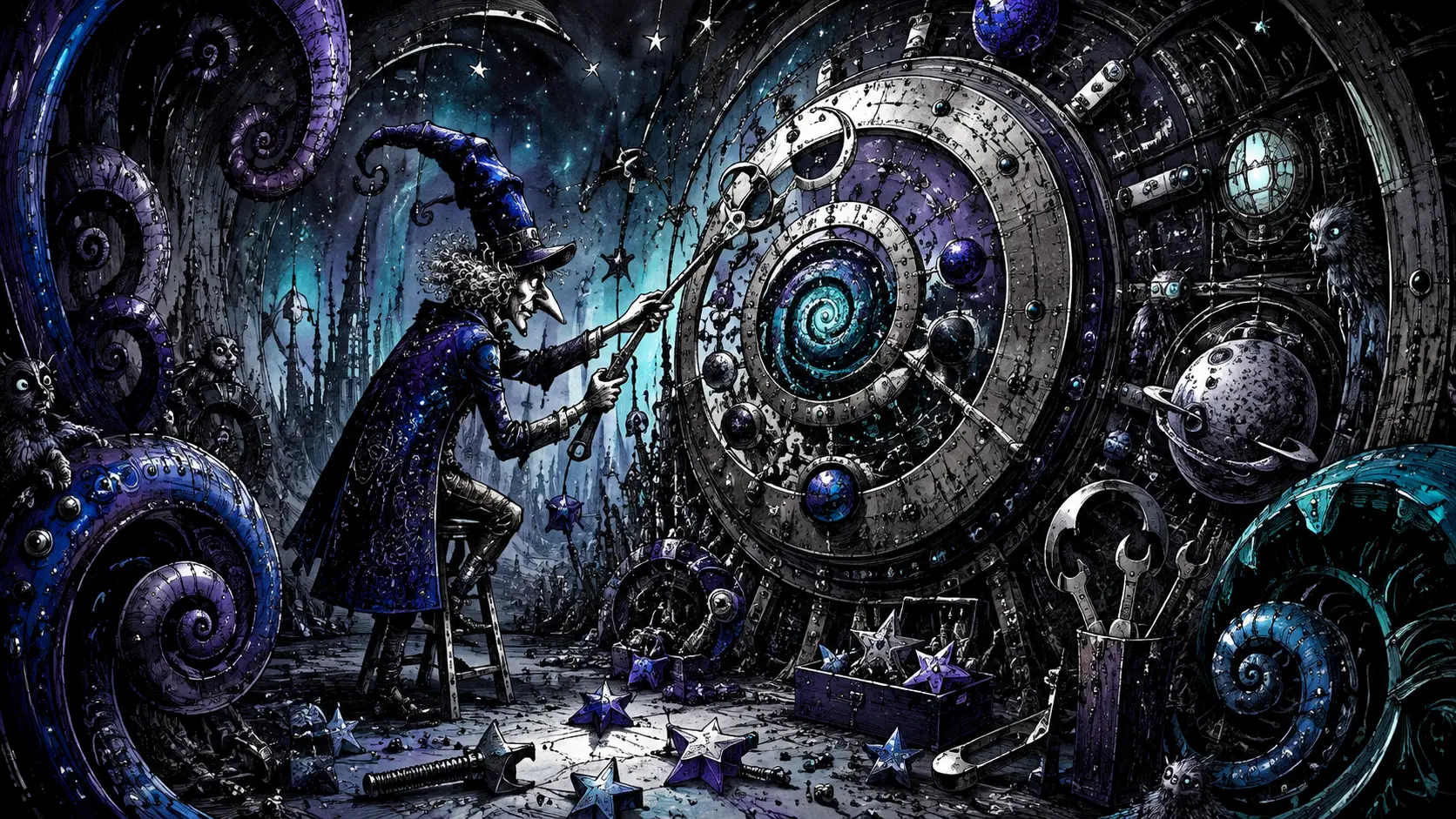 An eccentric little figure repairing a gigantic abstract celestial machine