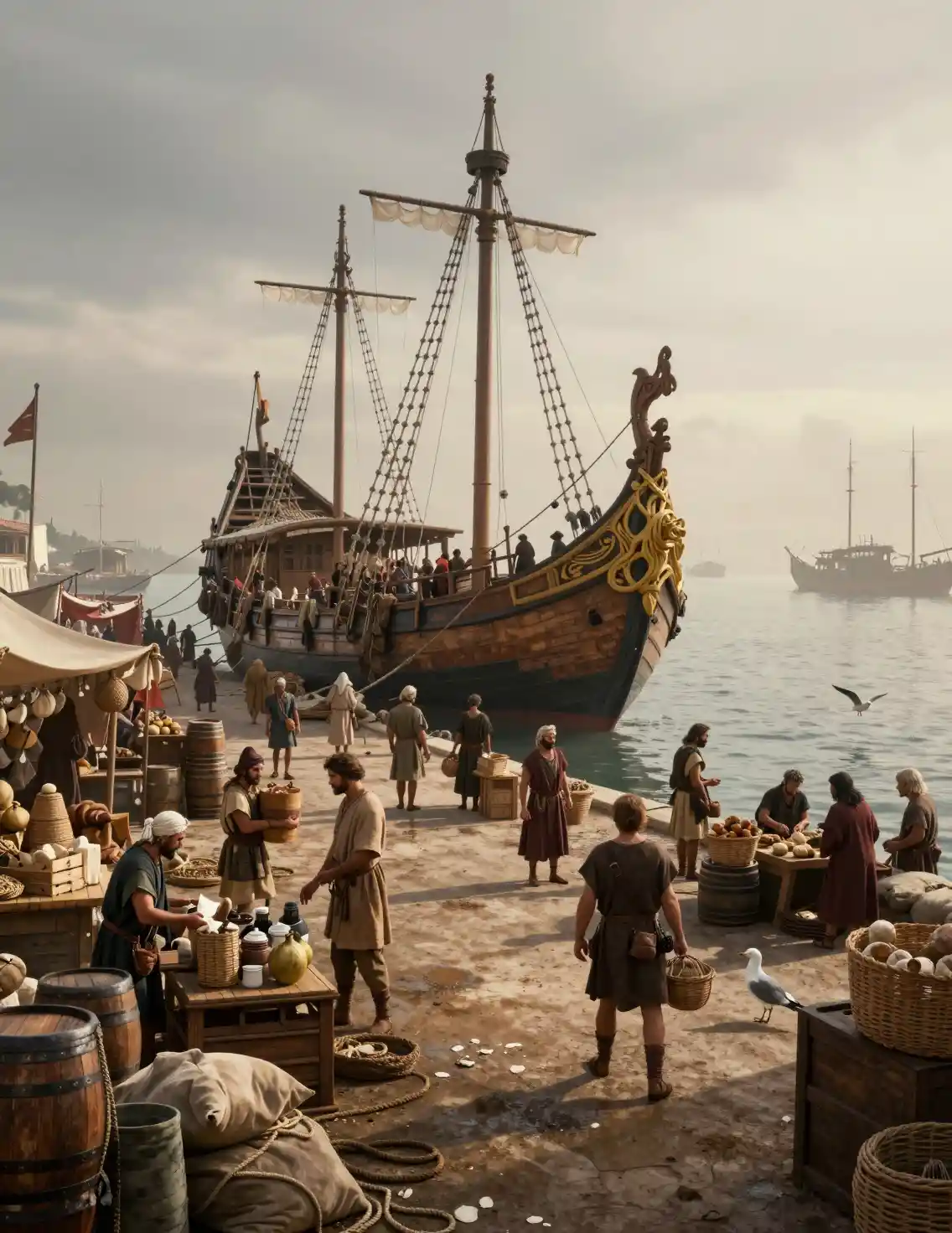 A Roman Harbor Marketplace Comes Alive Beside a Towering Wooden Trireme