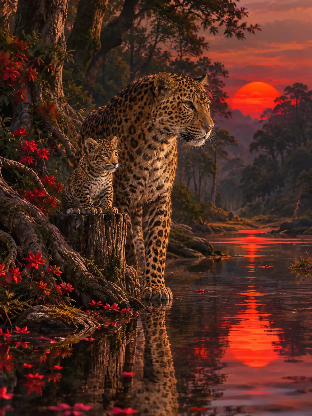 A Leopard and Its Cub Stroll Beside a Quiet Forest Pond