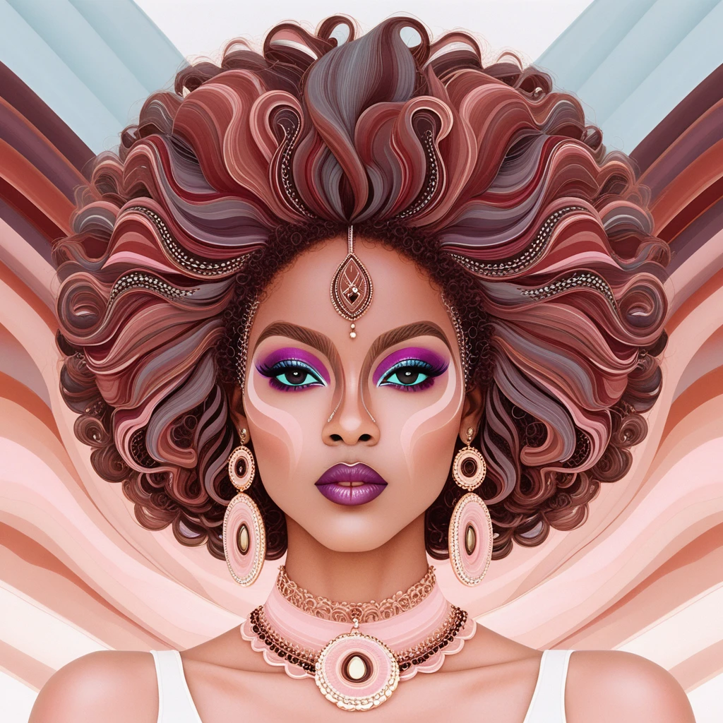 A black woman with a colorful afro and ornate silver jewelry