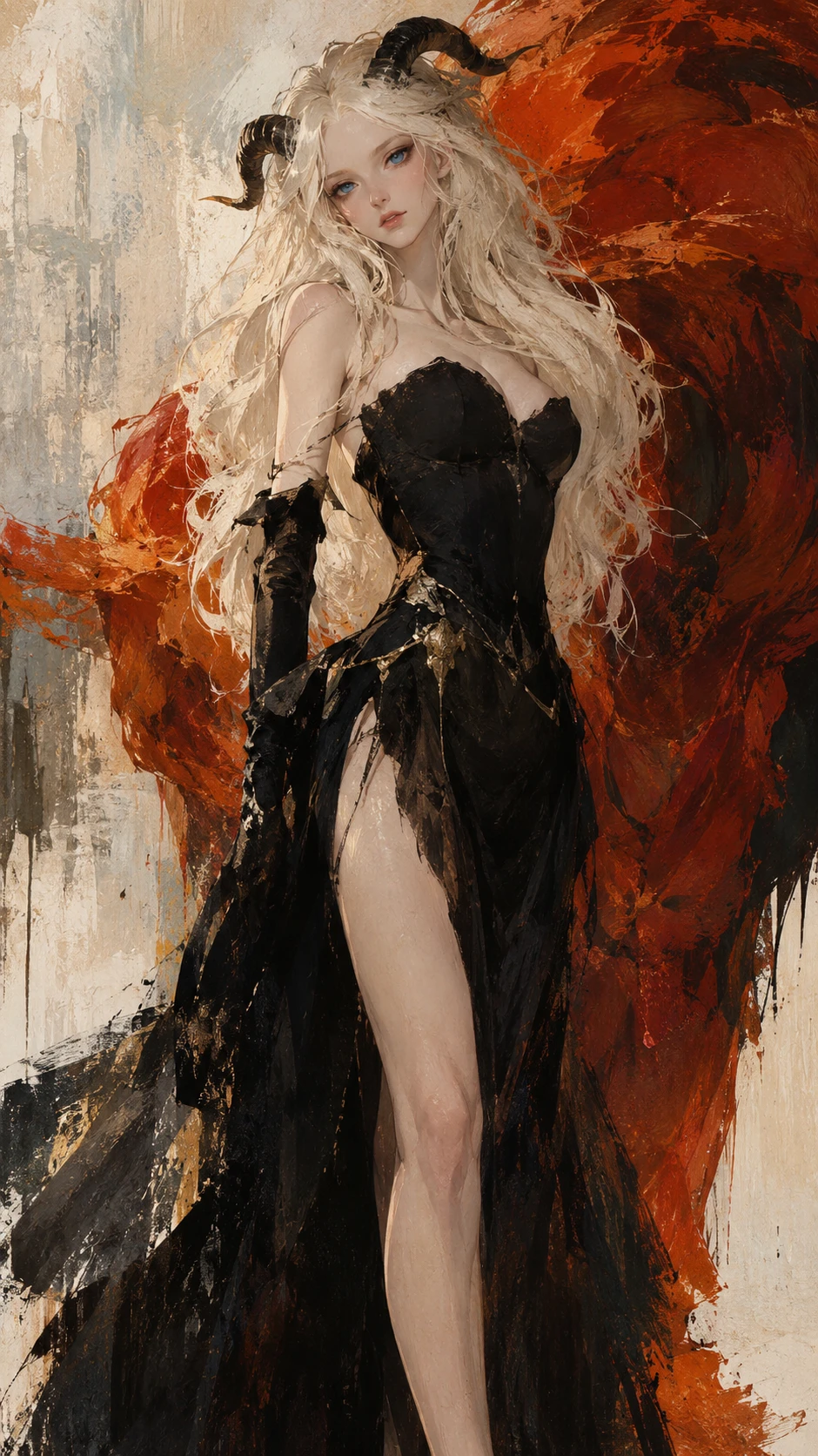 A horned young woman in a painterly fashion editorial illustration