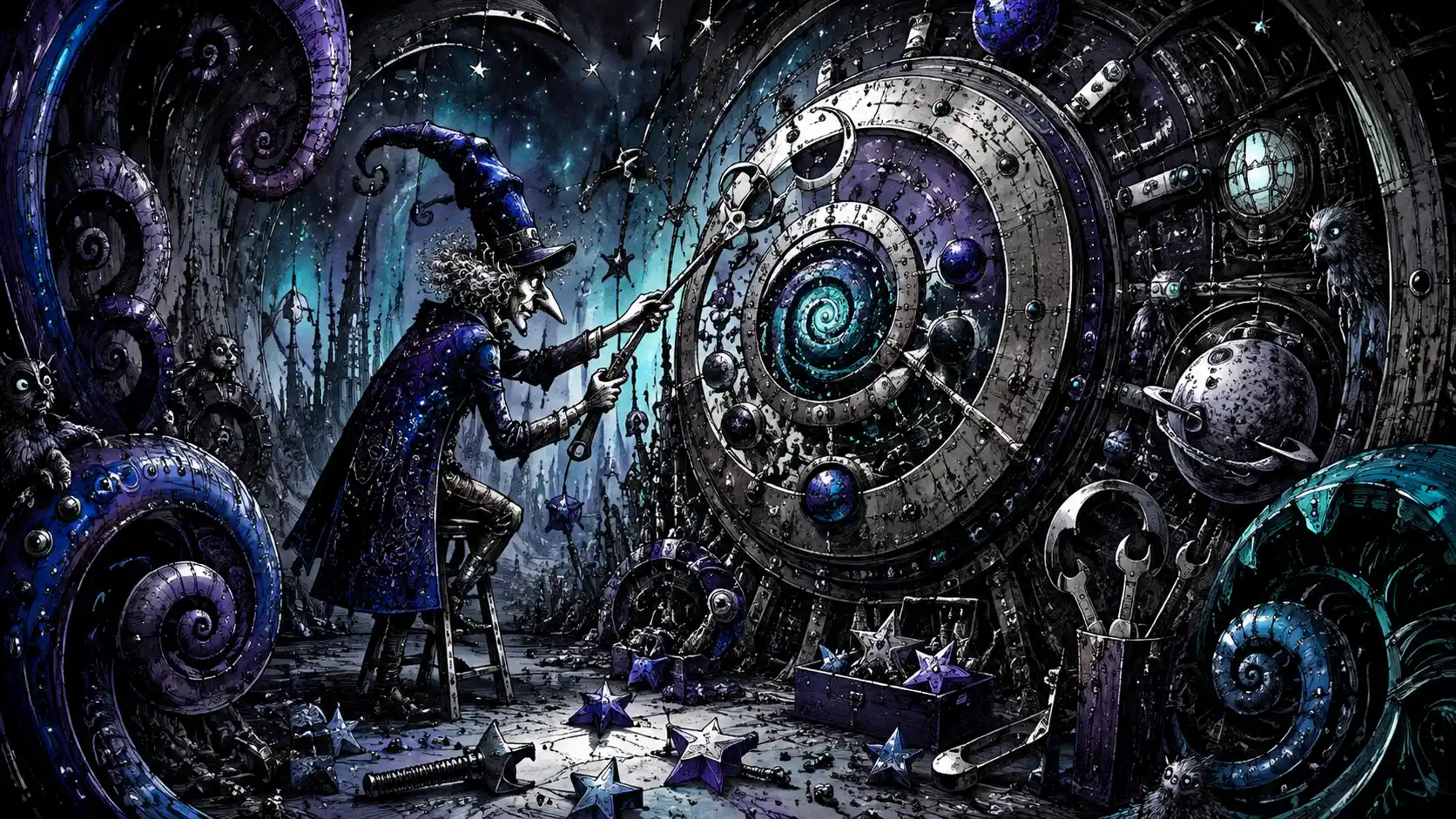 An eccentric little figure repairing a gigantic abstract celestial machine