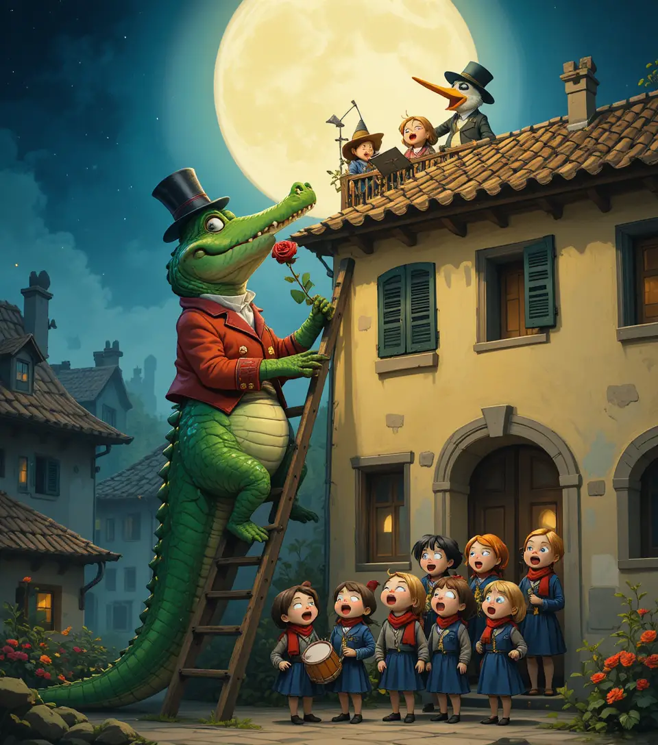 A green alligator climbs a ladder with a rose beneath the moon