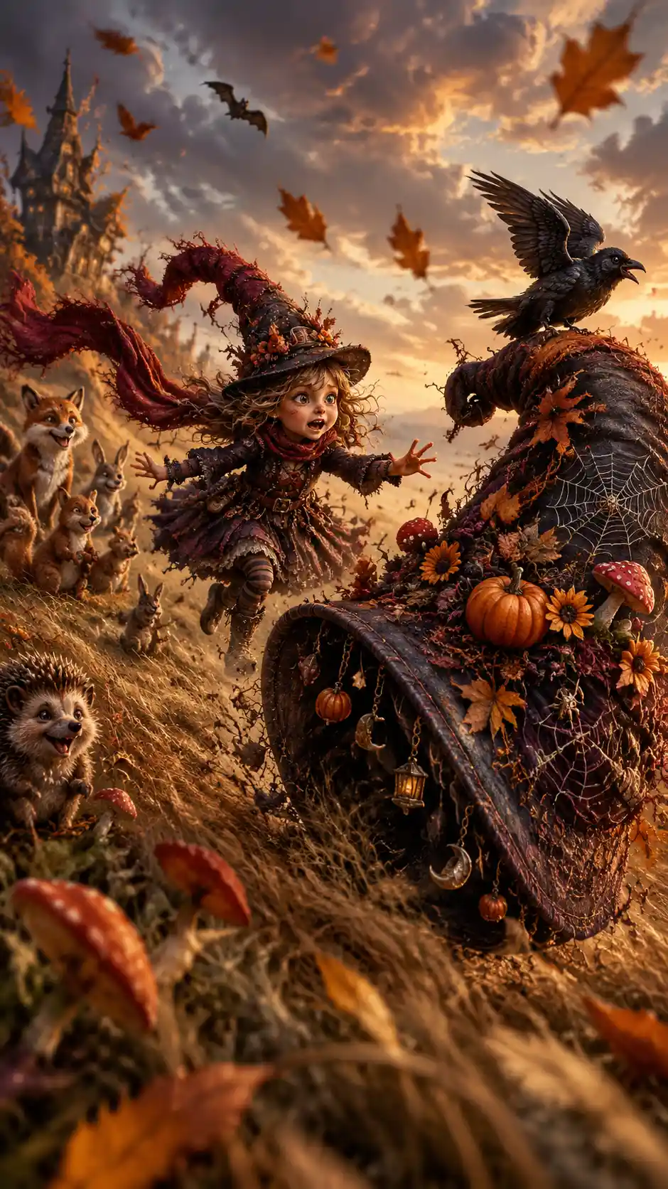 A Tiny Witch Chases Her Runaway Hat Across a Windy Autumn Meadow