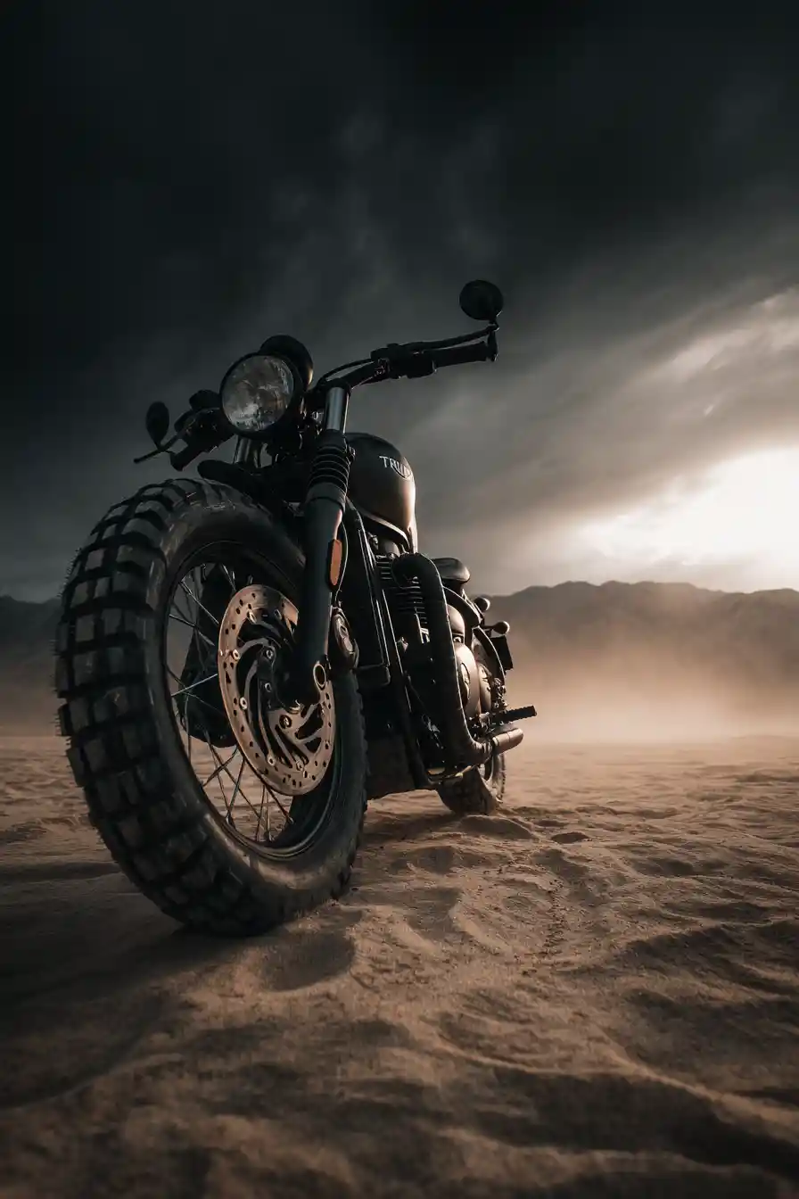 A custom Triumph Bobber motorcycle sits in desert sand beneath dark clouds