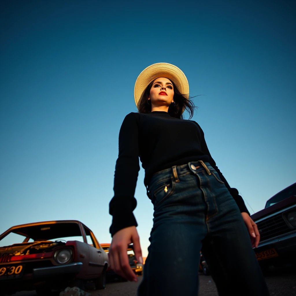 A black-haired woman in a black sweater looks down at the viewer