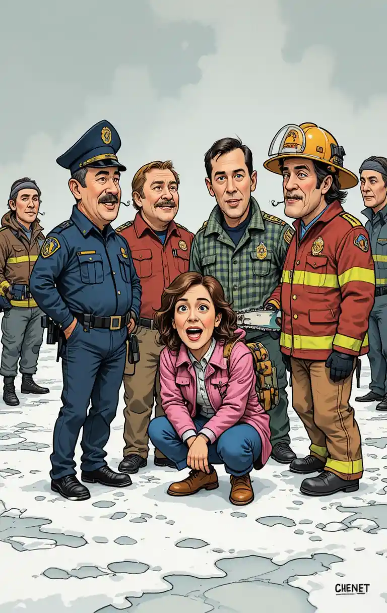 A Comic Group Faces the Cold in a Snowy Winter Scene