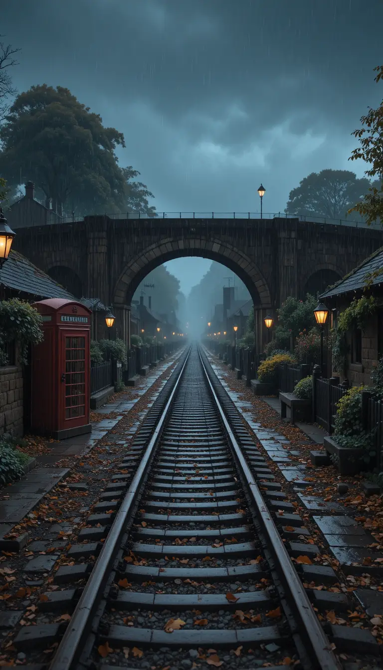 Rainy railway through a traditional British countryside village at autumn evening