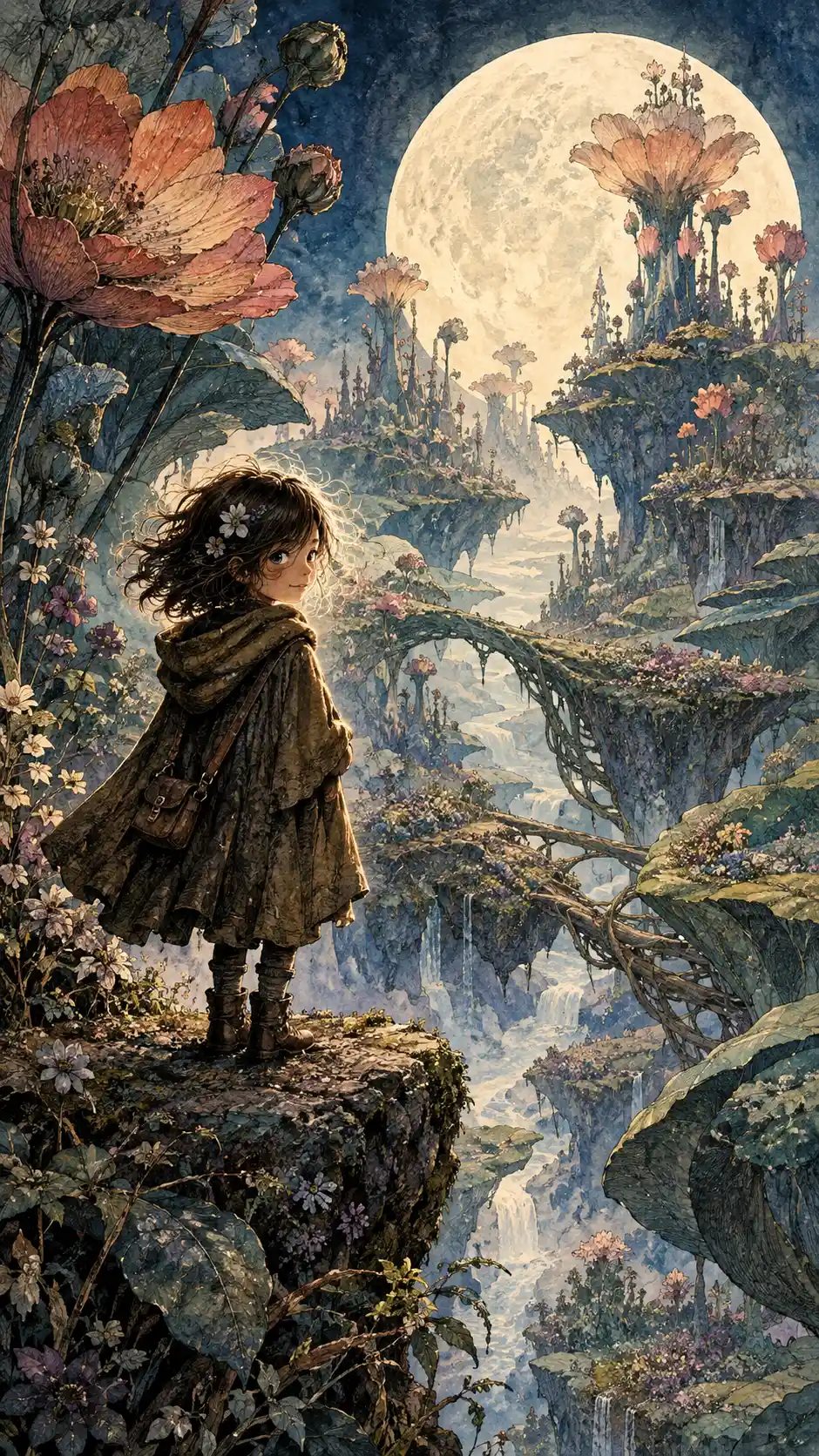 A woodland child surveys a vast garden beneath a pale moon