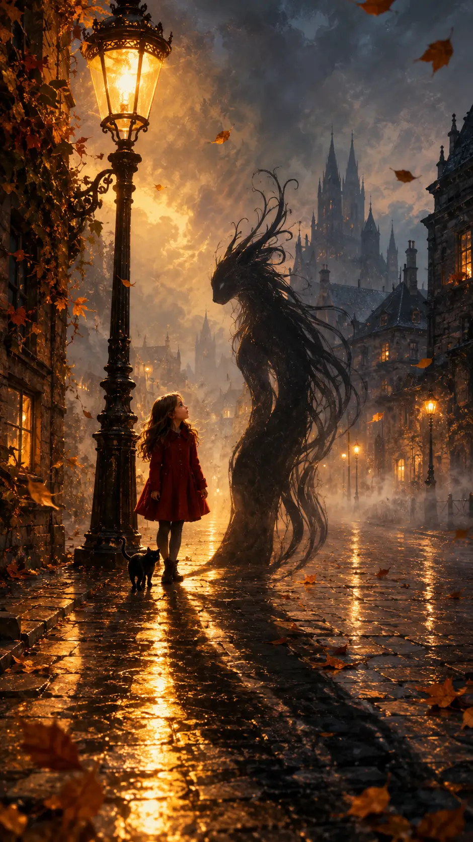 A girl beneath an antique streetlamp watches her shadow become a creature
