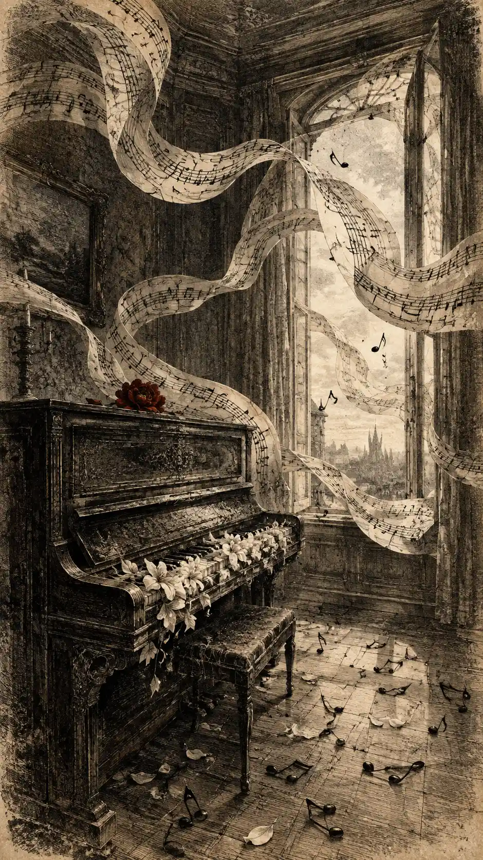 An Abandoned Victorian Room Where Musical Ribbons Drift Around a Piano