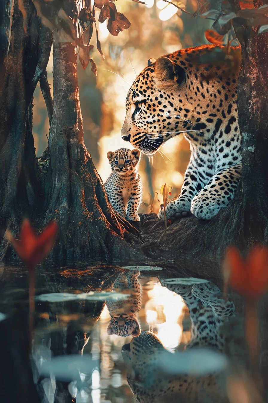 Um leopardo e a sua cria partilham um momento tranquilo junto a um lago na floresta