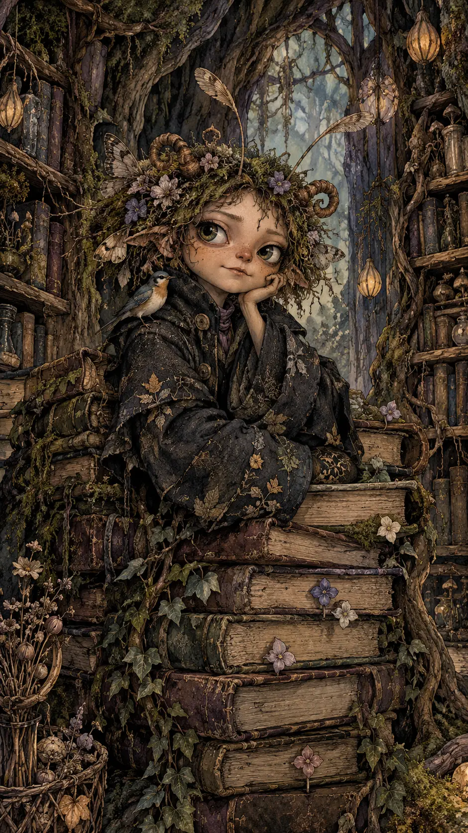 A whimsical forest librarian sits within a towering stack of vine-covered ancient books