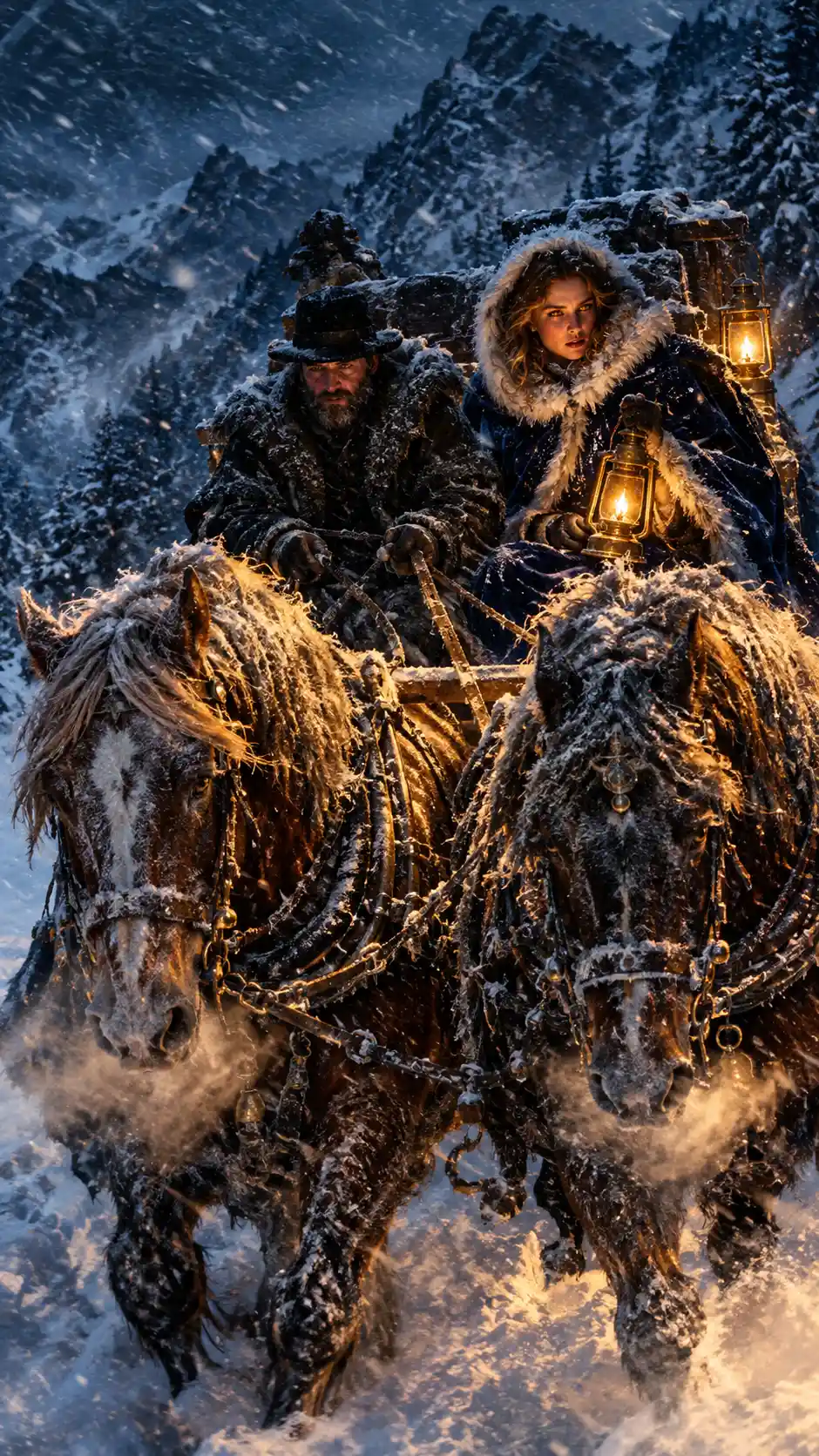 Two horses pull a wooden sled through a mountain blizzard