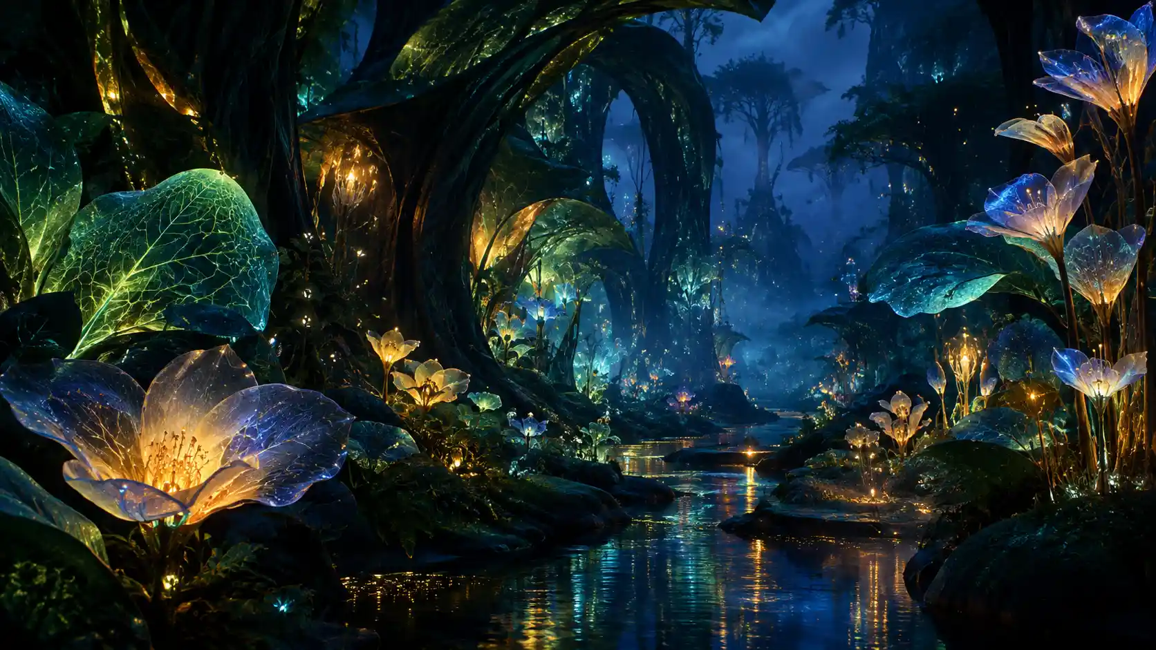 A bioluminescent garden glows through dark foliage and blue-black mist