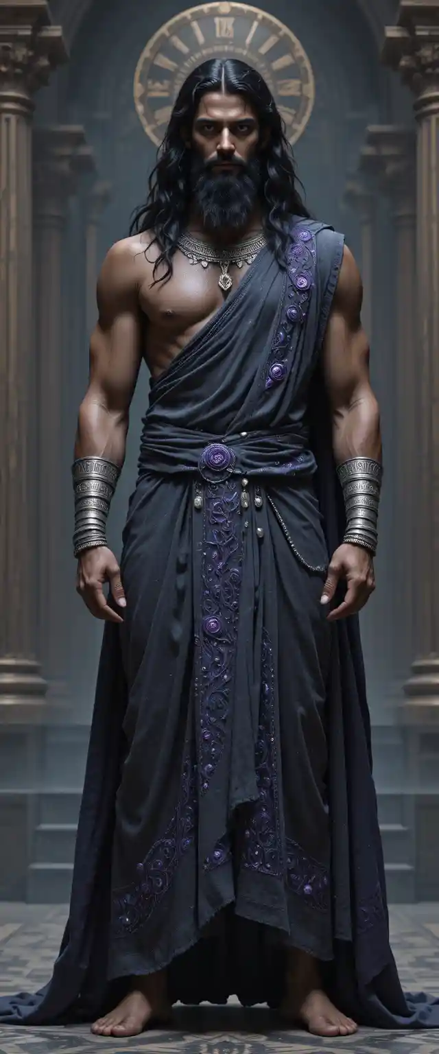 A dark Olympian deity stands before the palace of nightmares