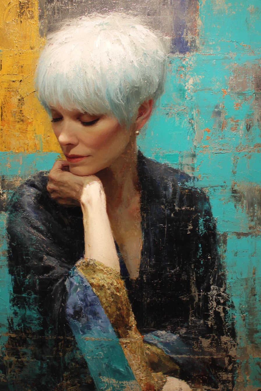 A striking elderly ash blonde woman in a richly colored oil portrait