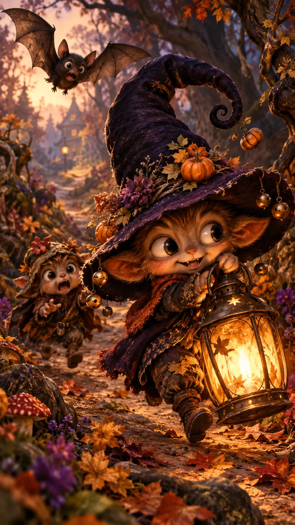 A forest creature sneaks off with an oversized glowing lantern