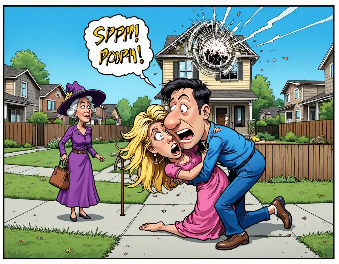 A comic sidewalk tangle leaves a man terrified and a woman dazed