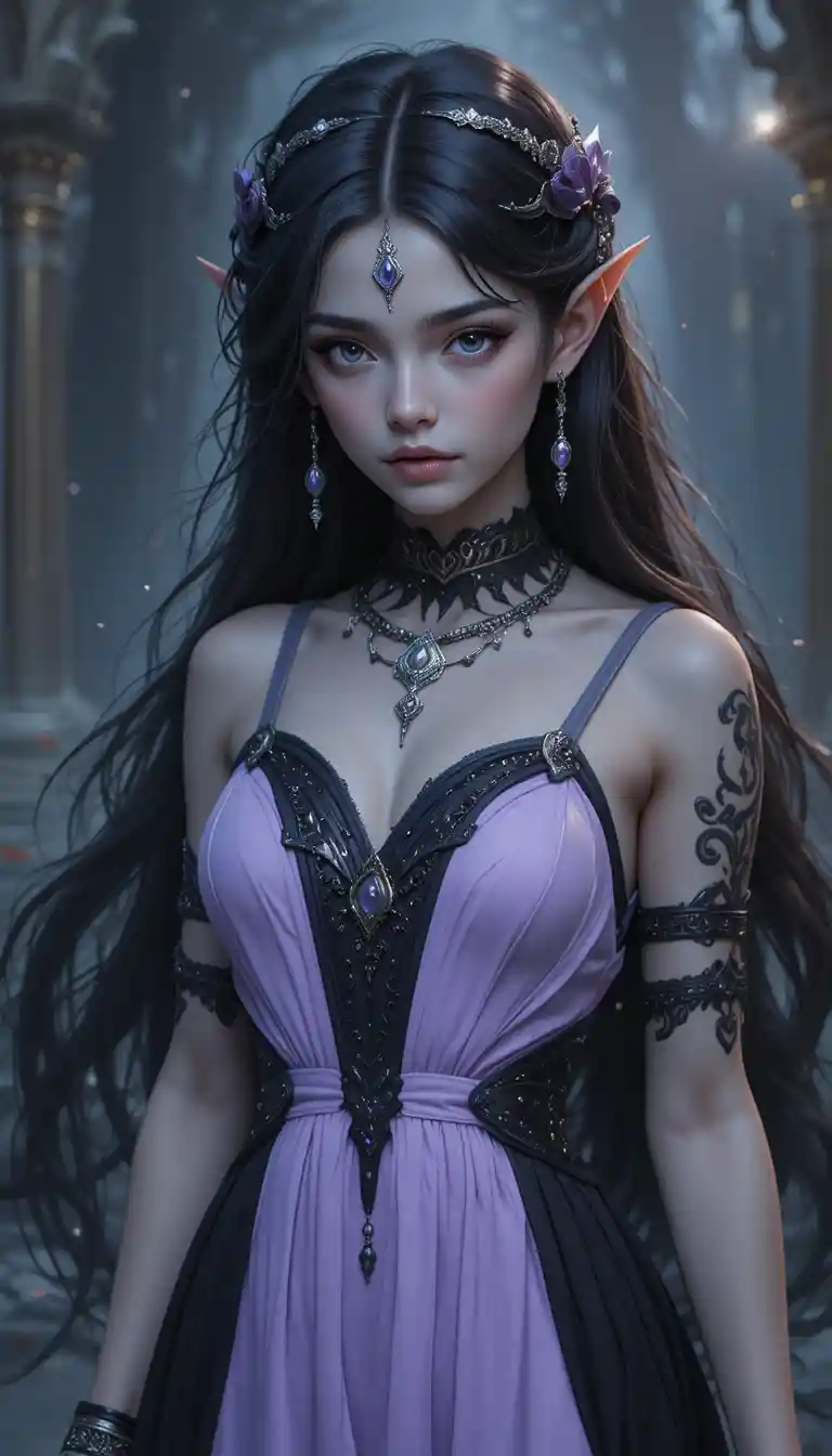 Donna fantasy in stile anime con tratti da elfa oscura e bende da mummia