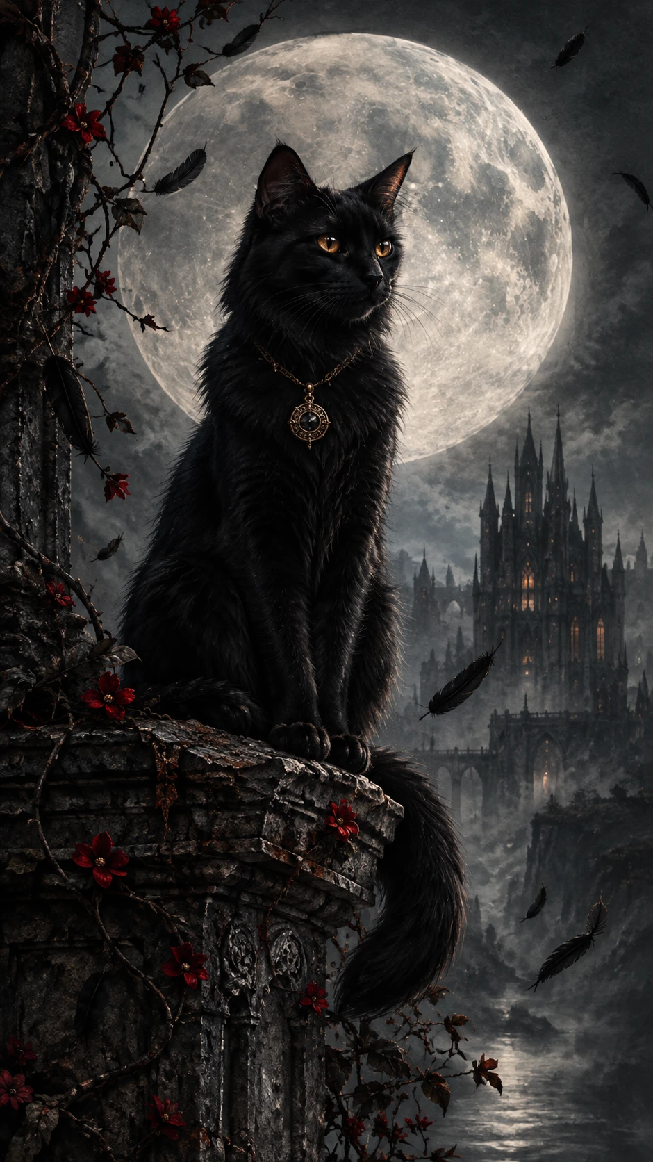 Un majestuoso gato negro se sienta en un monumento antiguo bajo la luna llena