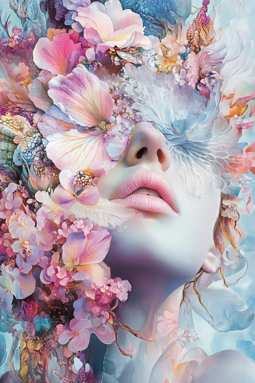 Surreal floral forms meet sacred geometry in pastel metallic lilac tones