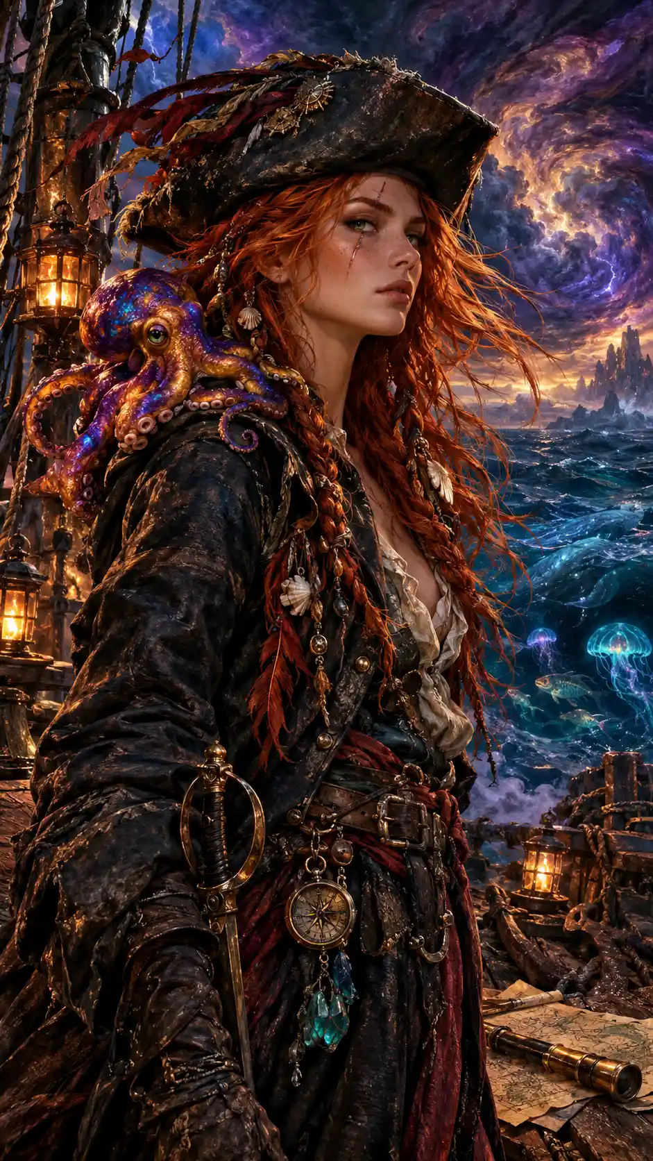 Una donna pirata dai capelli ramati con una cicatrice argentata sopra un occhio