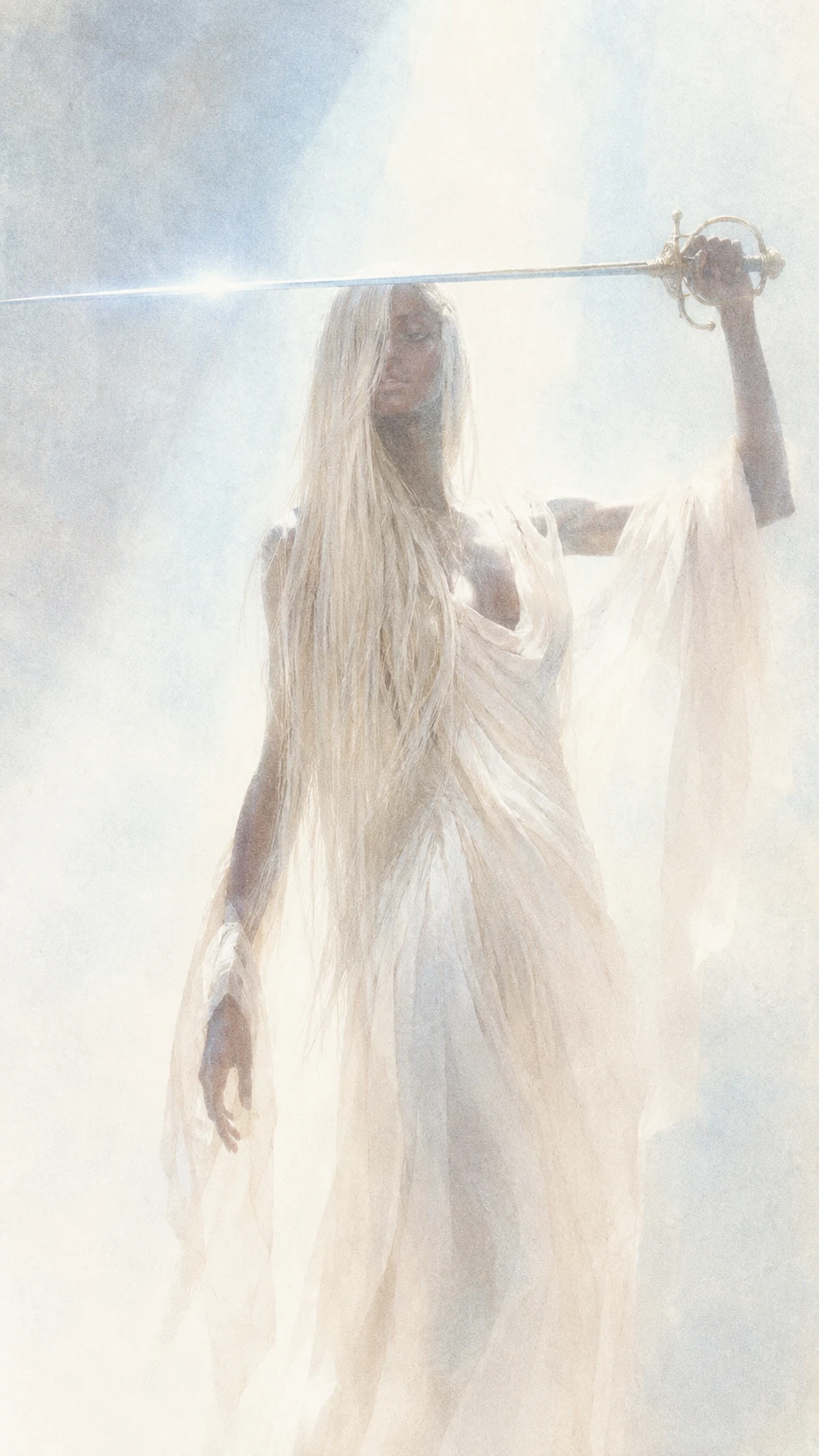 A Silver-Haired Woman Raises an Antique Rapier in Pale Light