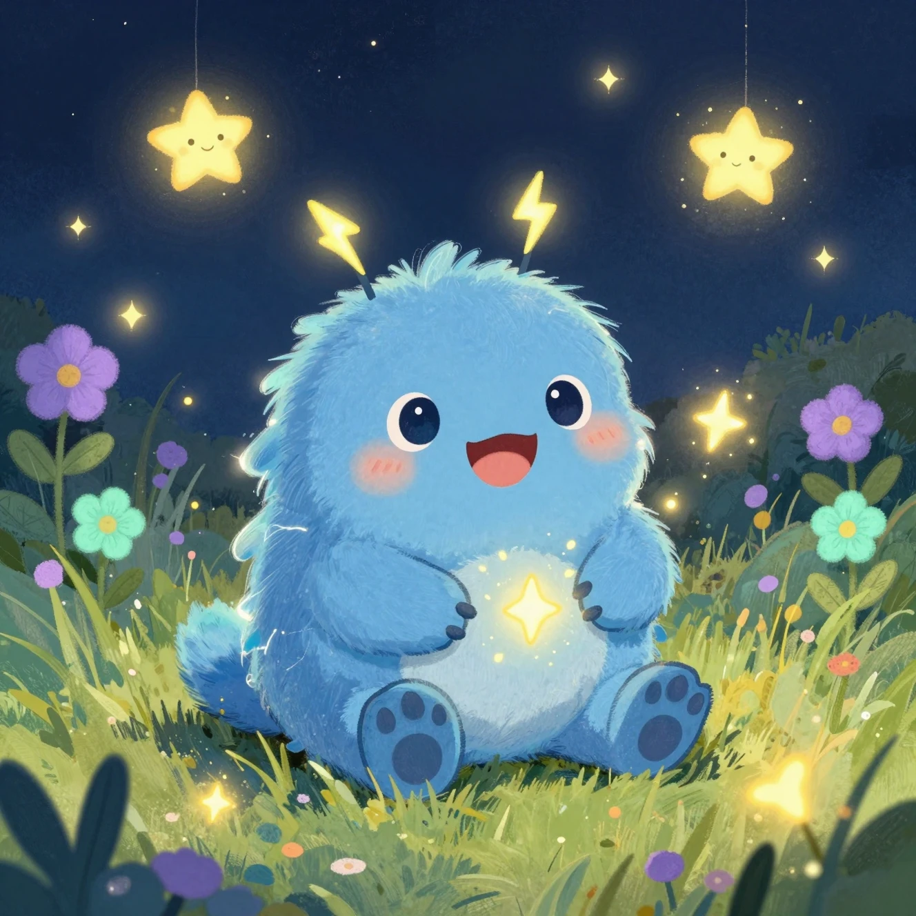 A fluffy blue monster glows in a magical nighttime meadow