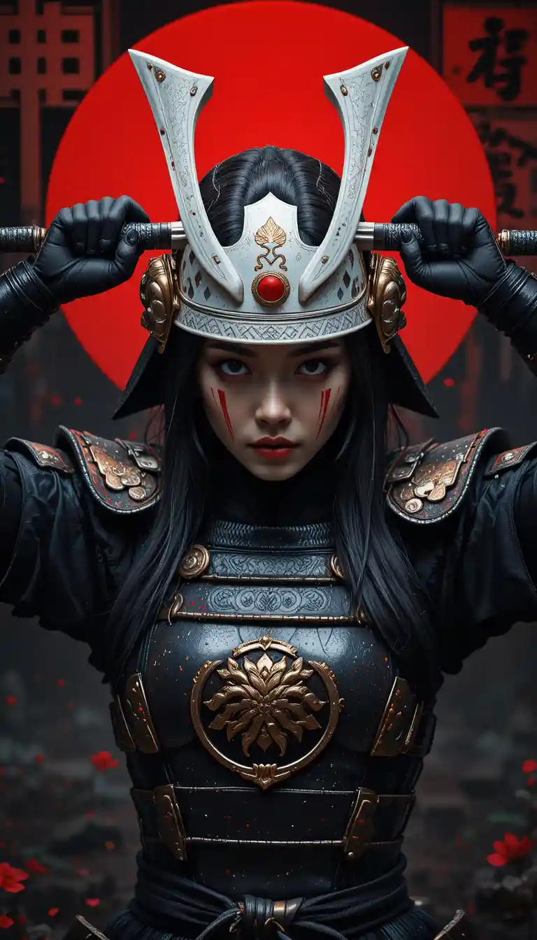 Una guerriera giapponese solleva la katana davanti a uno scenografico sfondo rosso e nero