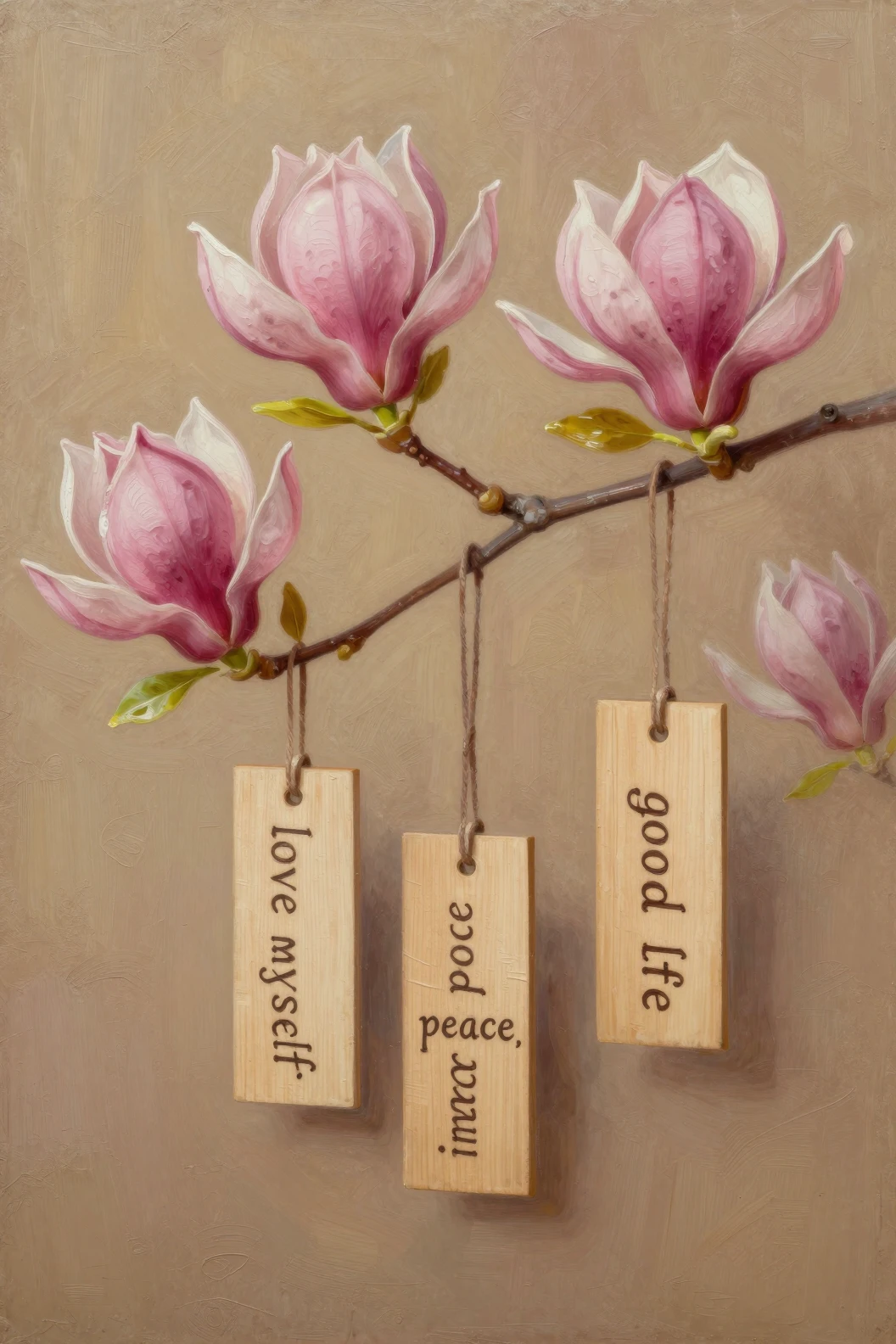Fiori di magnolia rosa incorniciano targhette di legno con desideri davanti a una parete materica