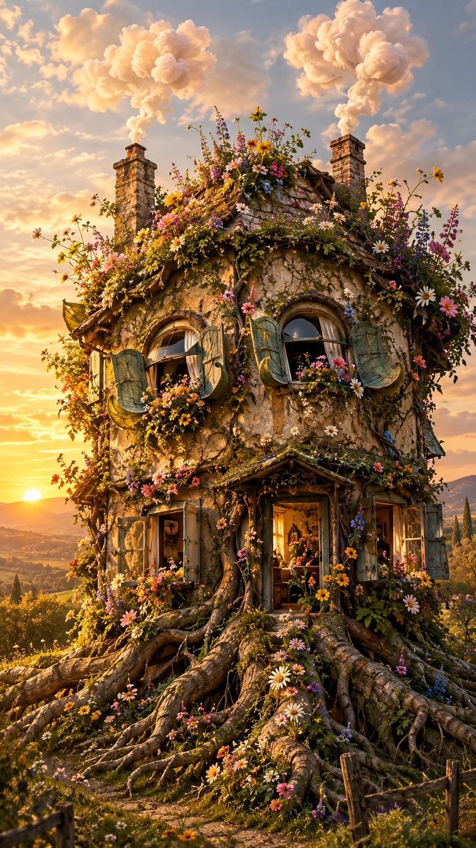 A weathered country house grows roots and blossoms into a garden
