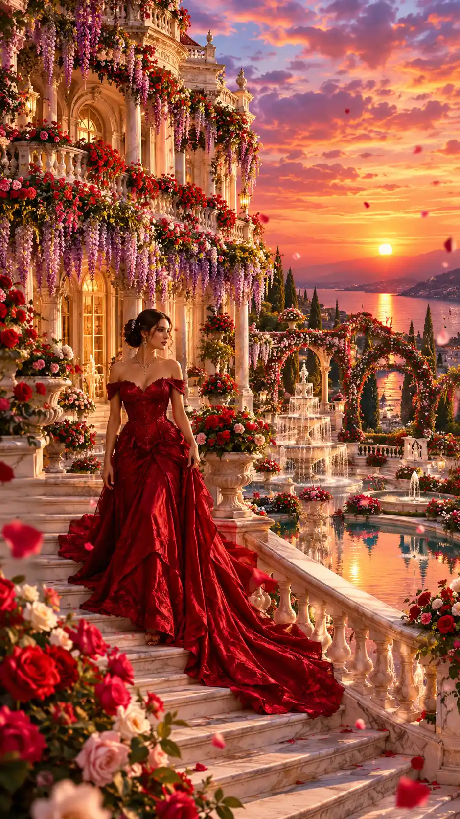 An ivory palace surrounded by flowering gardens and balconies