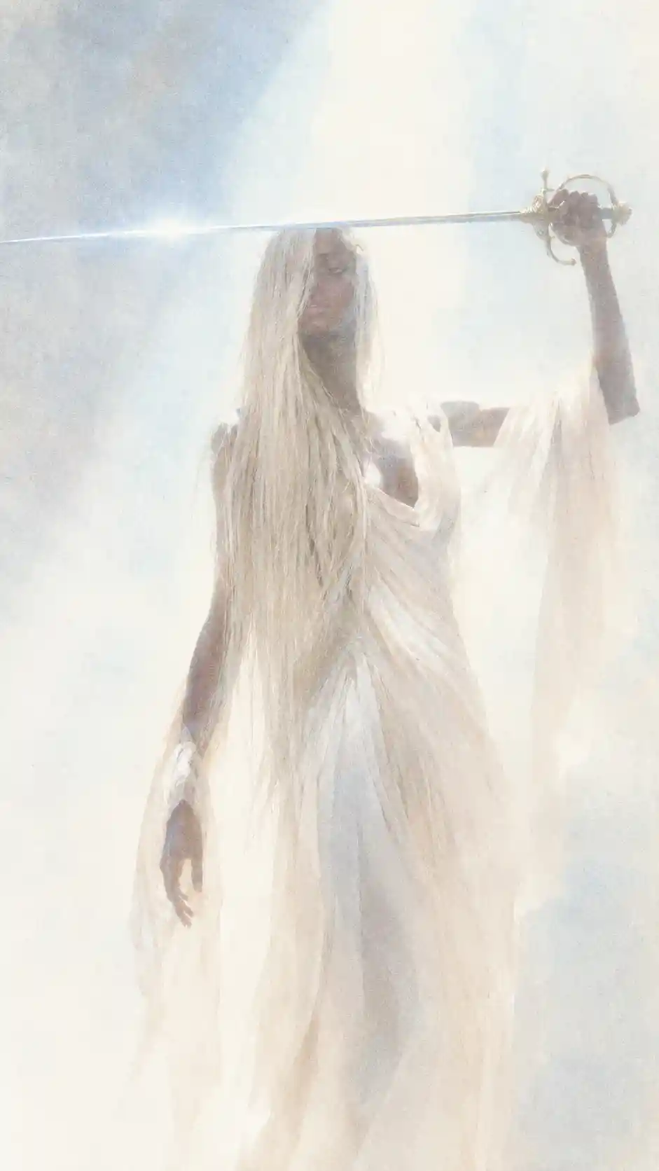 A Silver-Haired Woman Raises an Antique Rapier in Pale Light