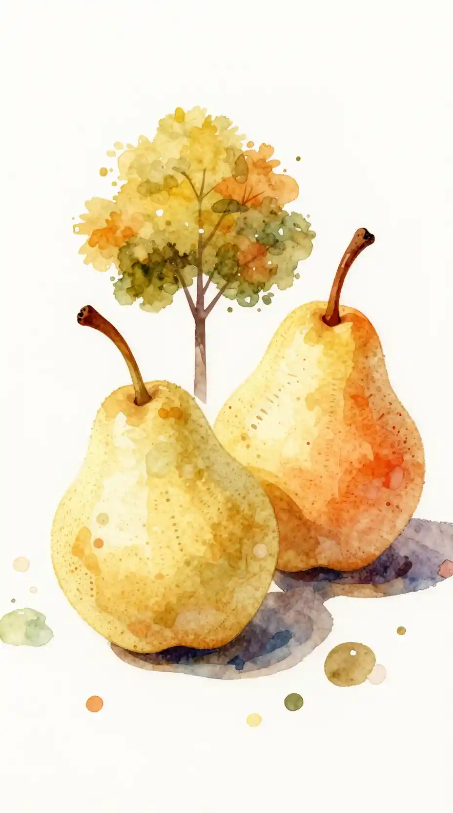 Two Watercolor Pears in Autumn Colors Against a White Background