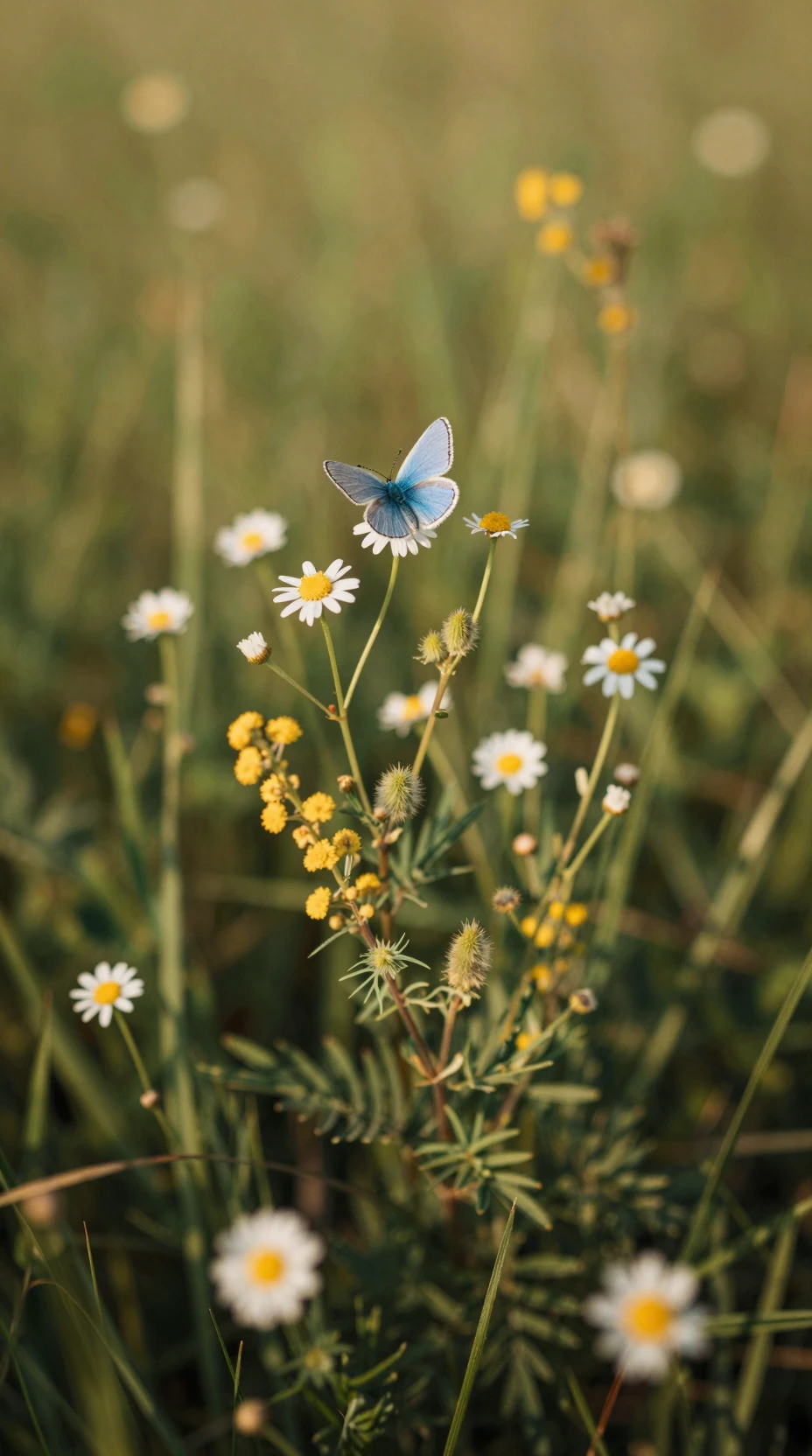 Wild mimosa plants and daisies share a sunlit meadow with a blue butterfly