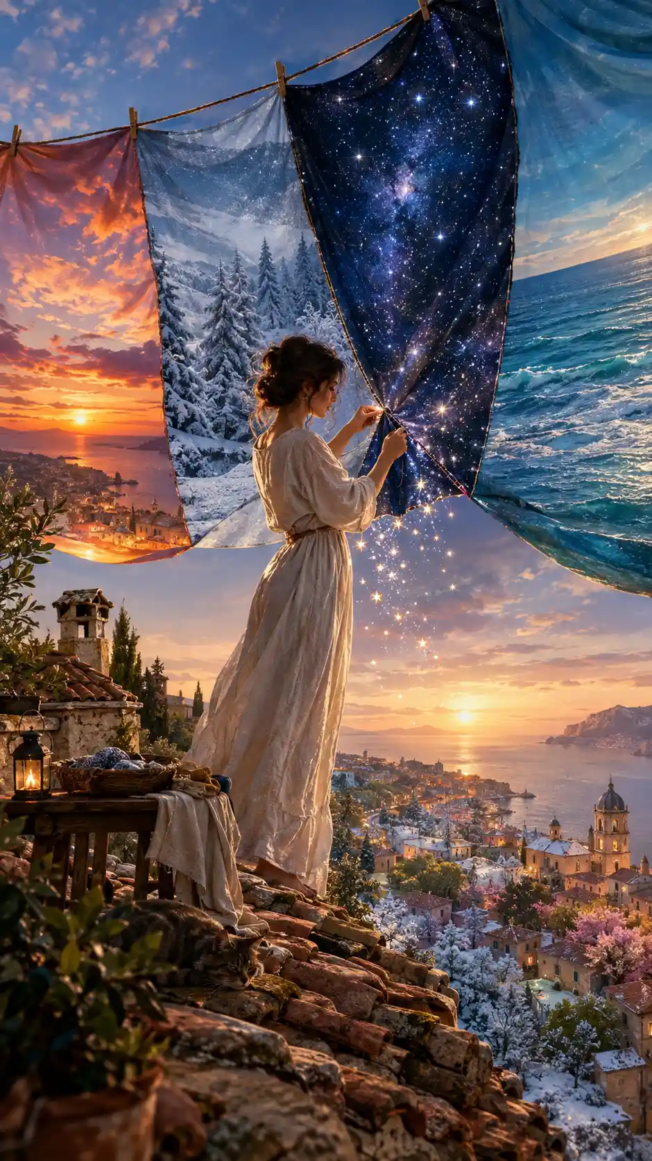 A woman stands among hanging fabrics on a Mediterranean rooftop at dawn