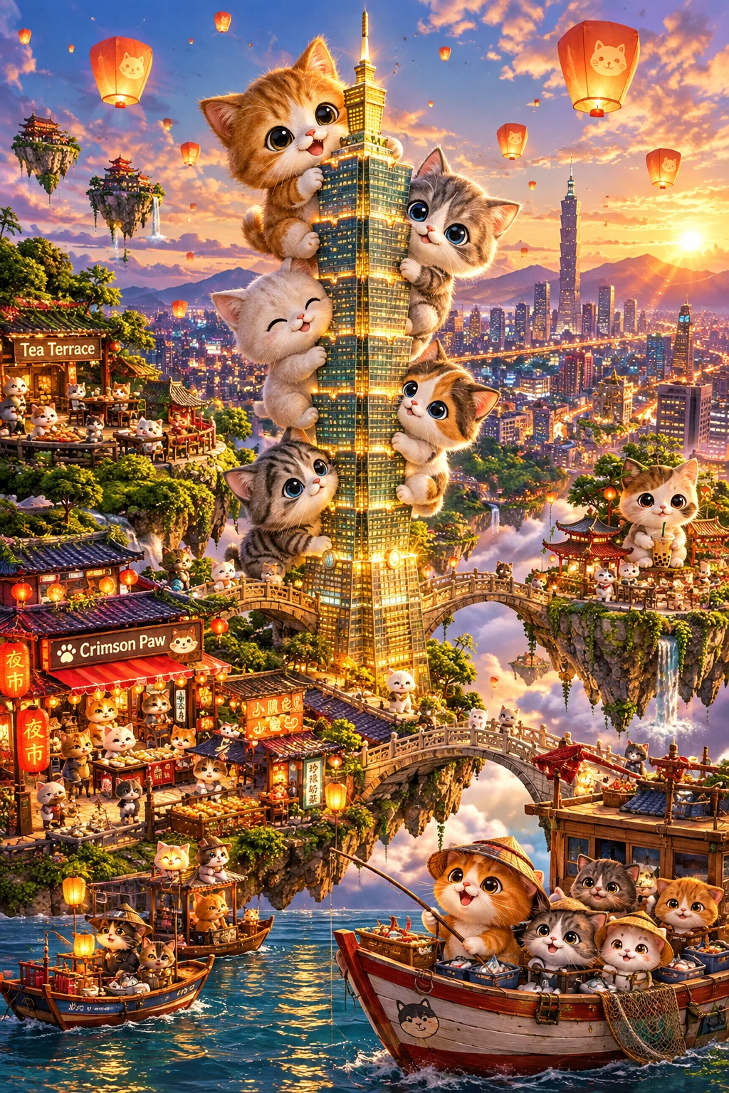 A floating island paradise centers on a glowing glass Taipei 101 tower