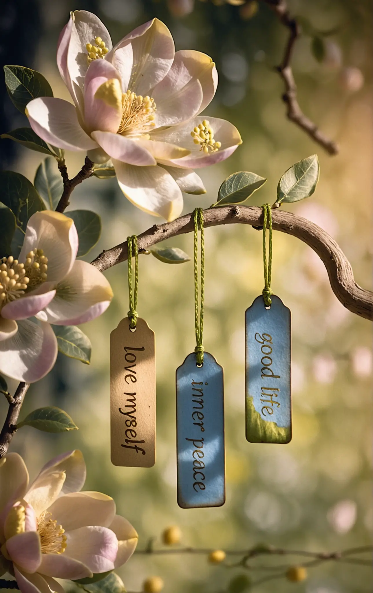 Pink magnolias and wooden wishing tags against a textured wall