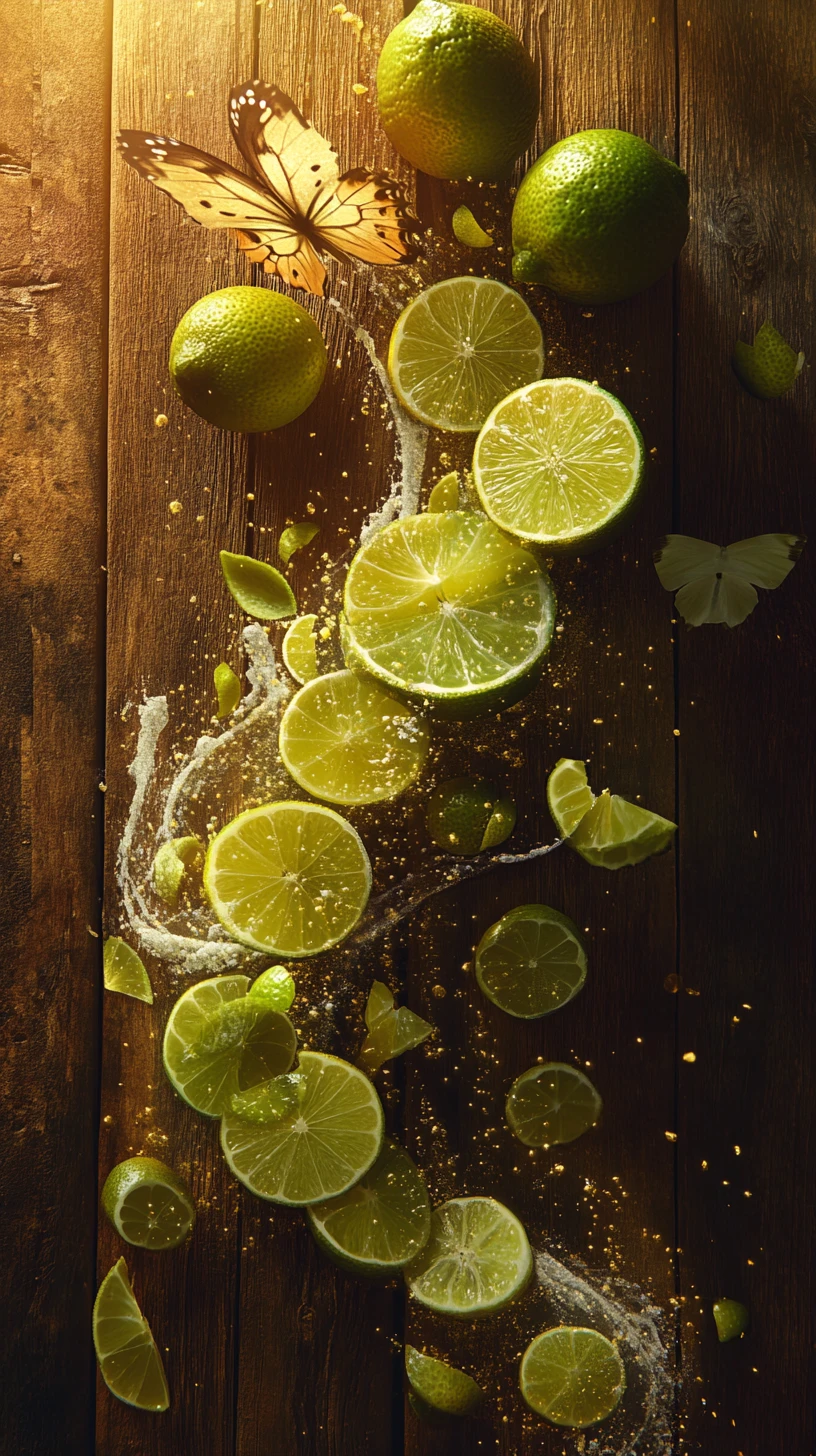 Whole and sliced limes cascade across a rustic wooden surface in a surreal wave
