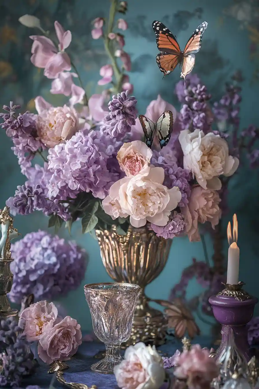 Surreal geometric elements in pastel metallic and lilac tones