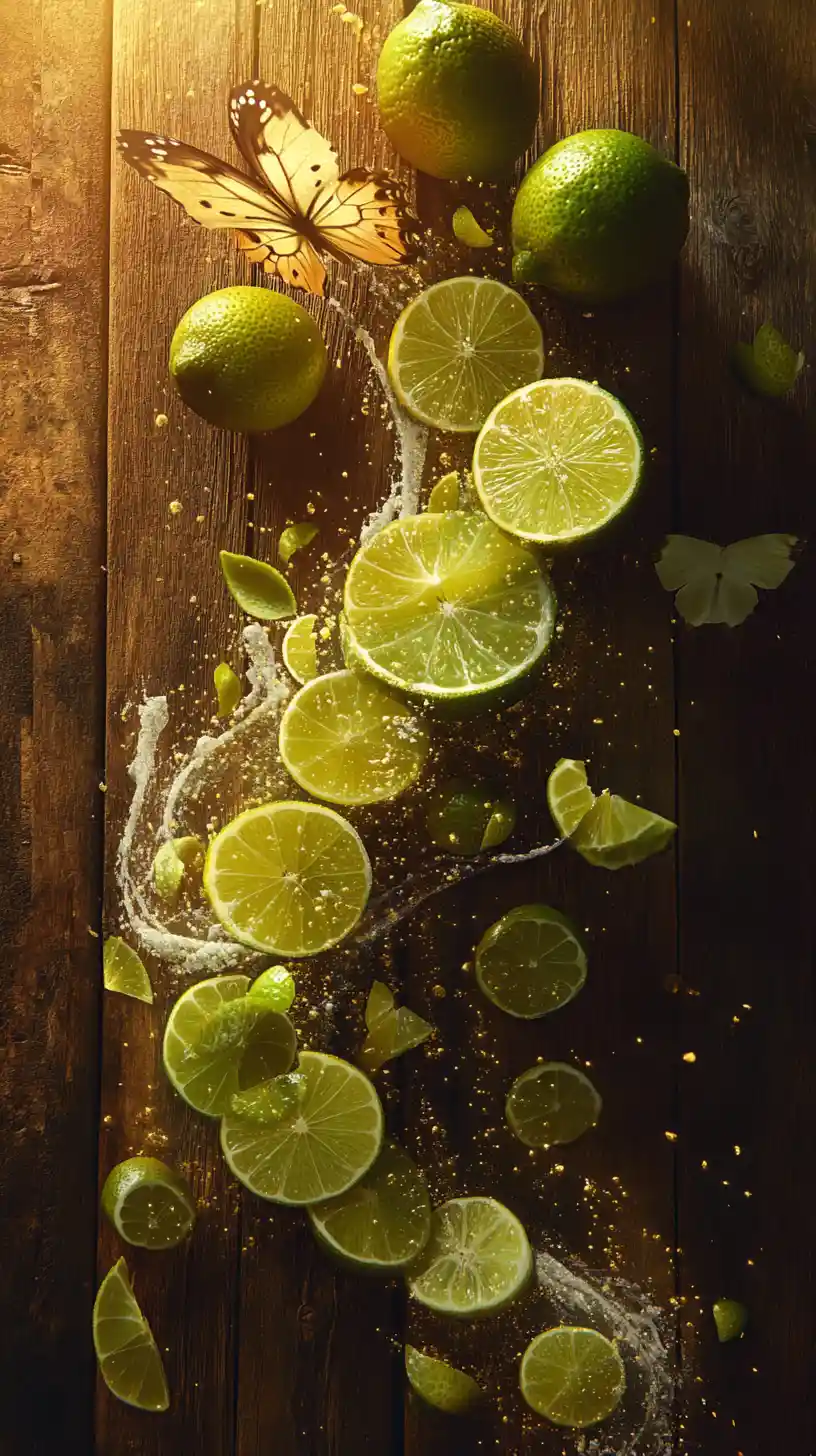 Whole and sliced limes cascade across a rustic wooden surface in a surreal wave
