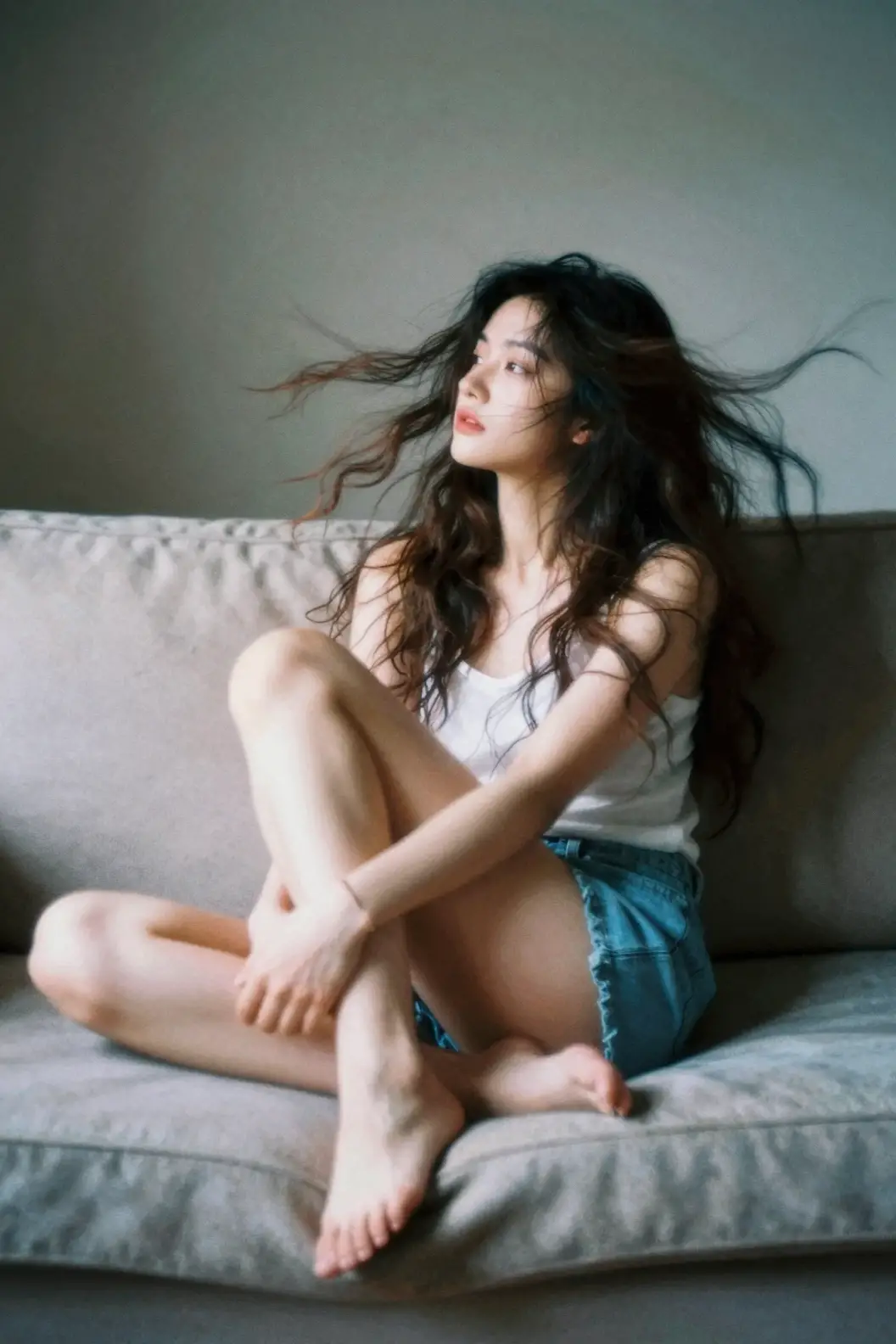 A woman with long wavy hair looks back while seated on a sofa